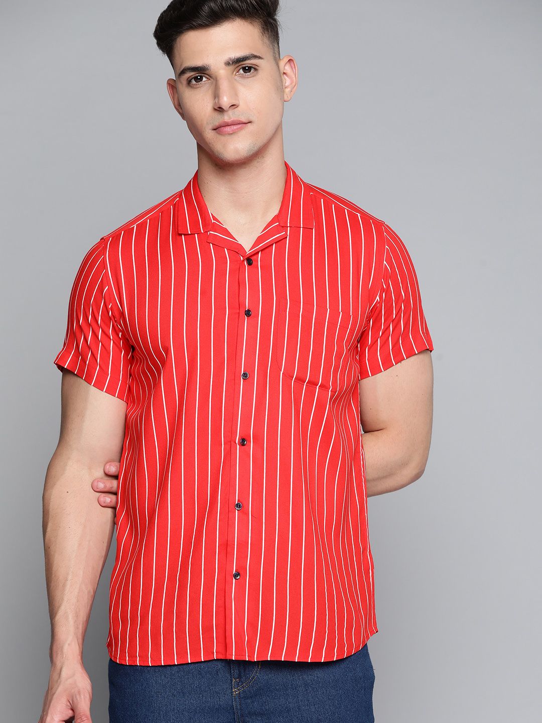 DENNISON Men Red Striped Smart Slim Fit Casual Shirt