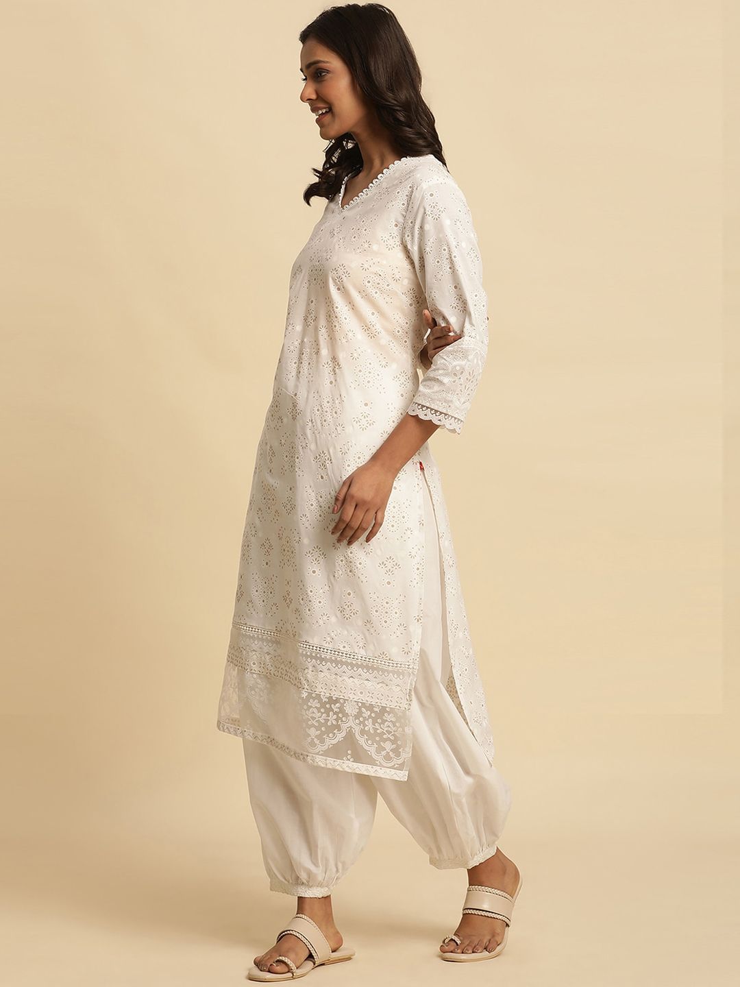 W Floral Printed V-Neck Cotton Kurta