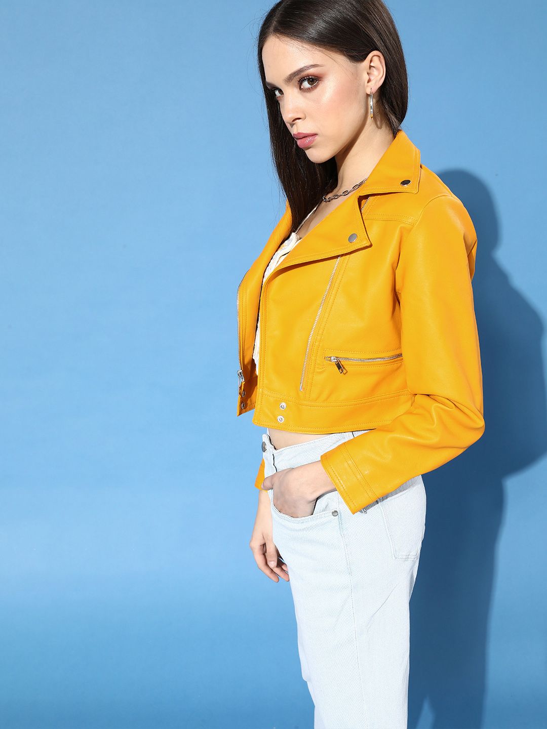 Tokyo Talkies Women Mustard Yellow Crop Biker Jacket