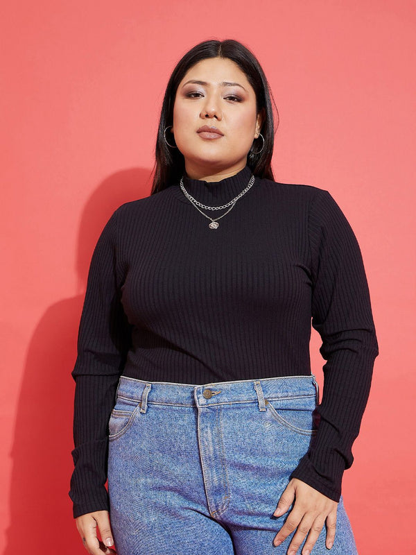 SASSAFRAS Curve Plus Size Rib High Neck Fitted Top
