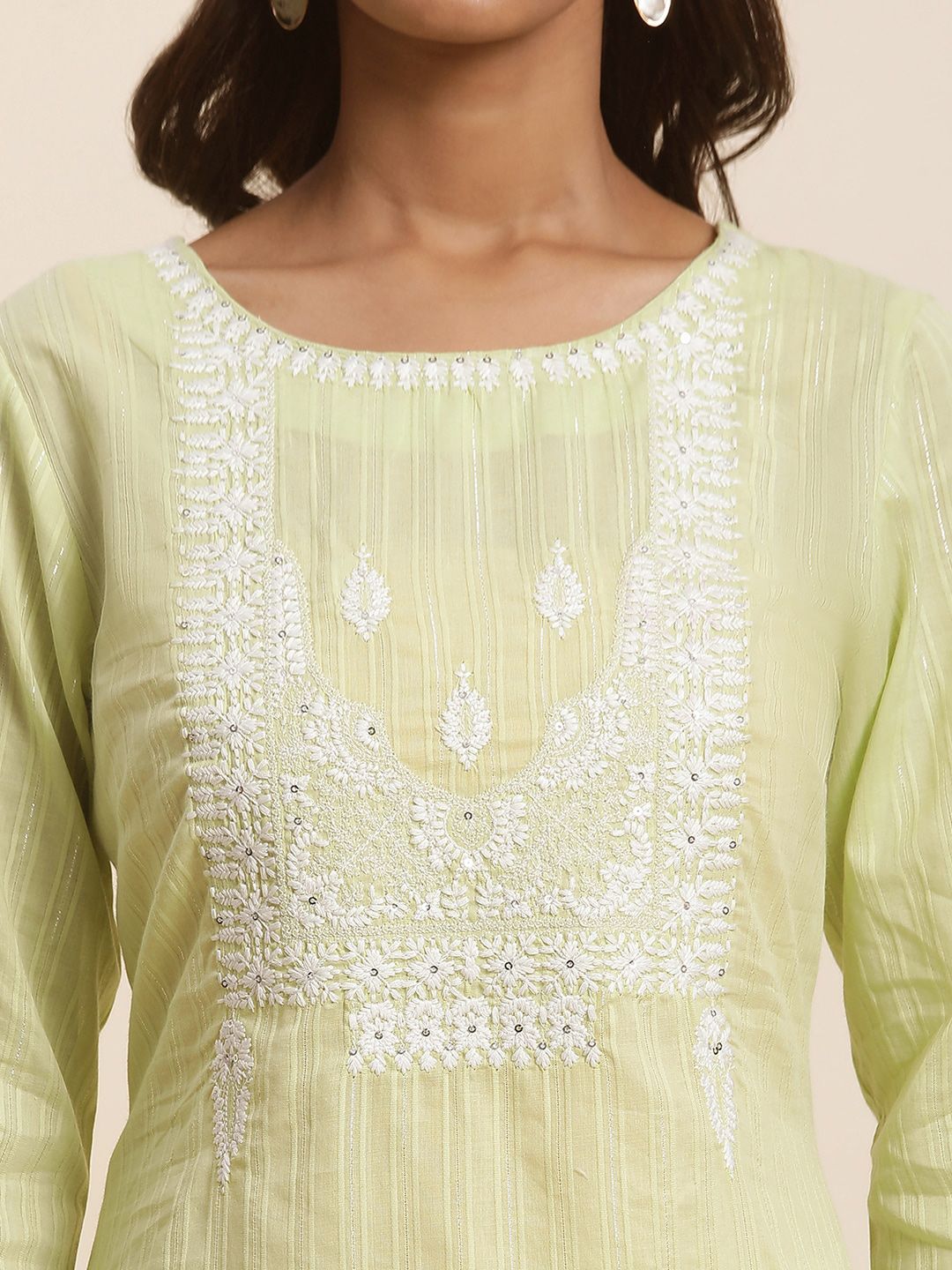 W Green Floral Embroidered Sequinned Pastel Kurta
