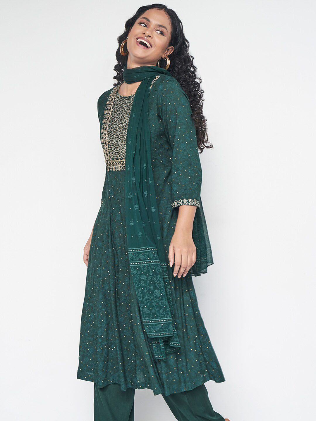 Global Desi Embroidered Kurta with Palazzos & With Dupatta