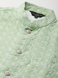 SOJANYA Men Pink & White Embroidered Thread Work Kurta with Churidar & Nehru Jacket