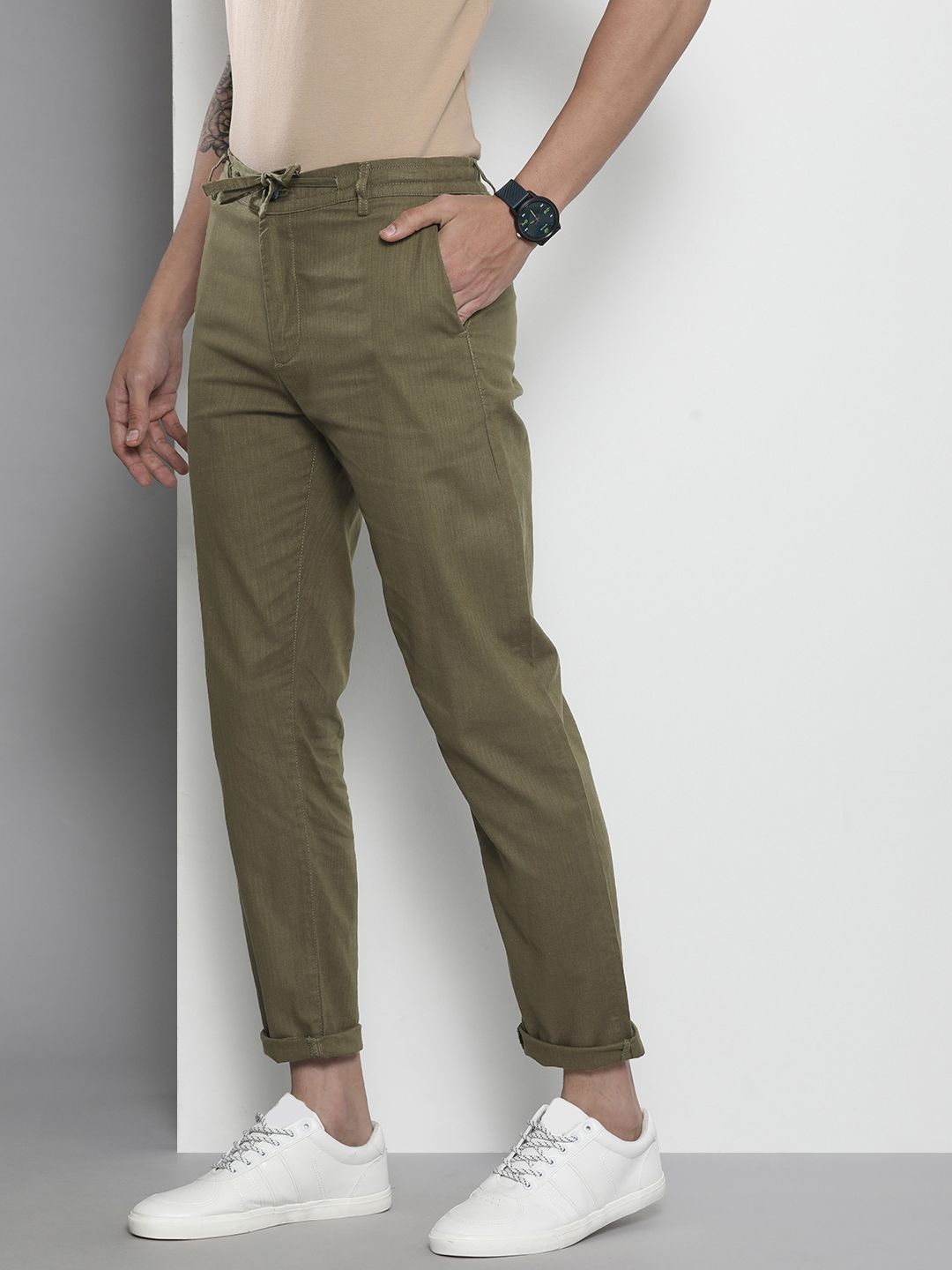 The Indian Garage Co Men Olive Green Slim Fit Linen Blend Trousers
