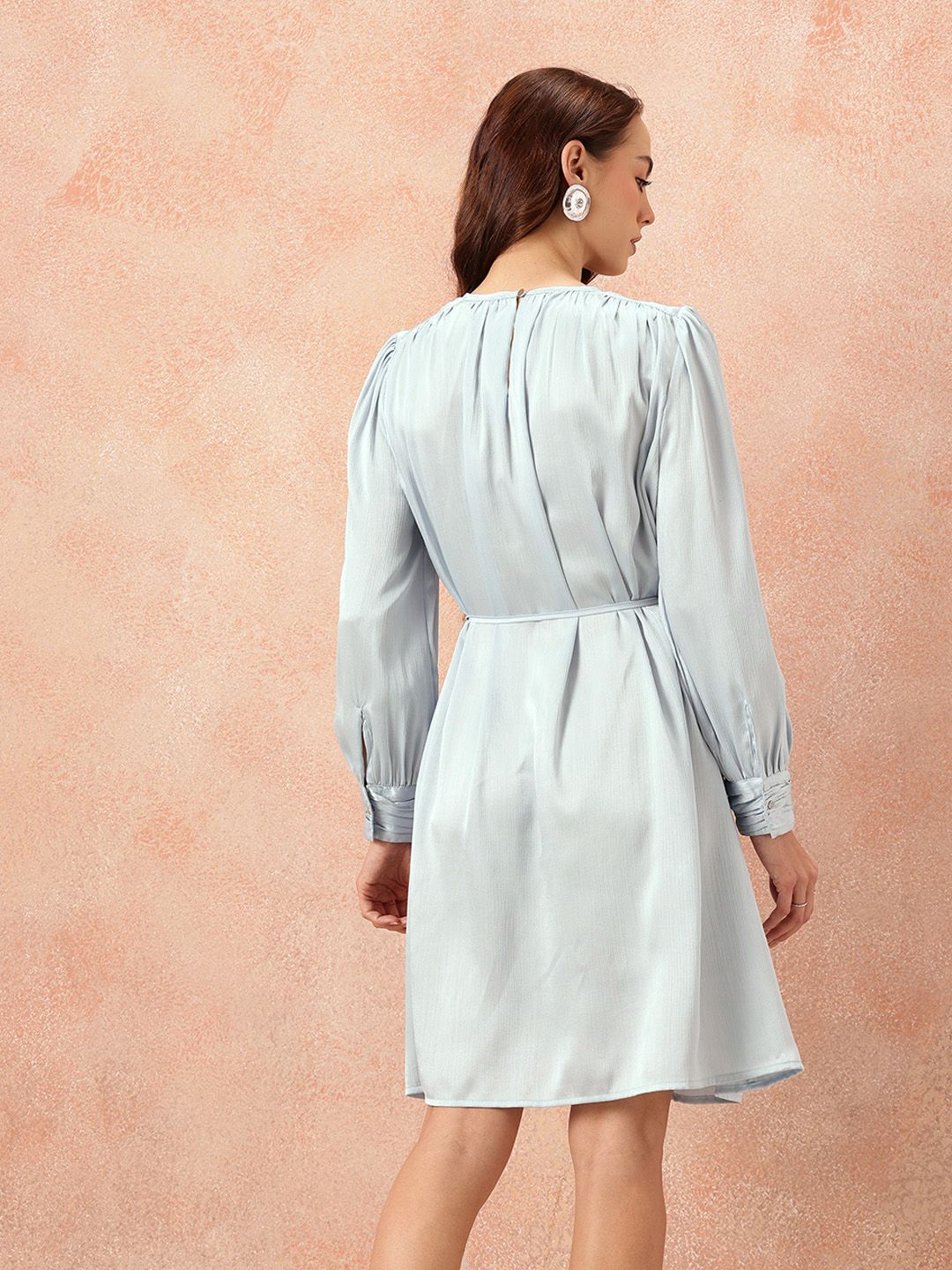 all about you Gathered Detail Bishop Sleeves Party Satin A-Line Dress with Belt