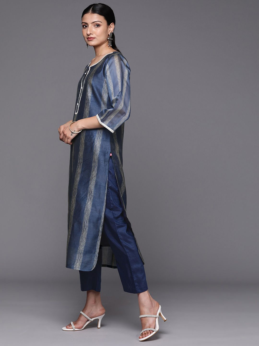 Varanga Women Navy Blue Printed Sequinned Chanderi Silk Kurta with Trousers
