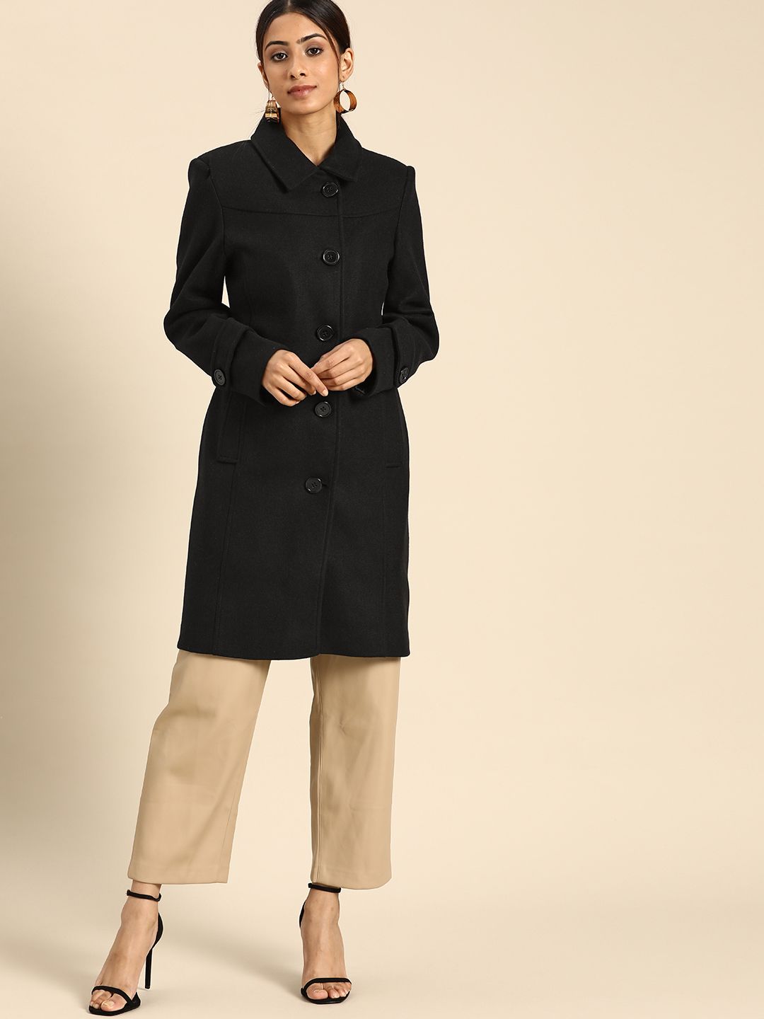 all about you Women Black Solid Longline Overcoat
