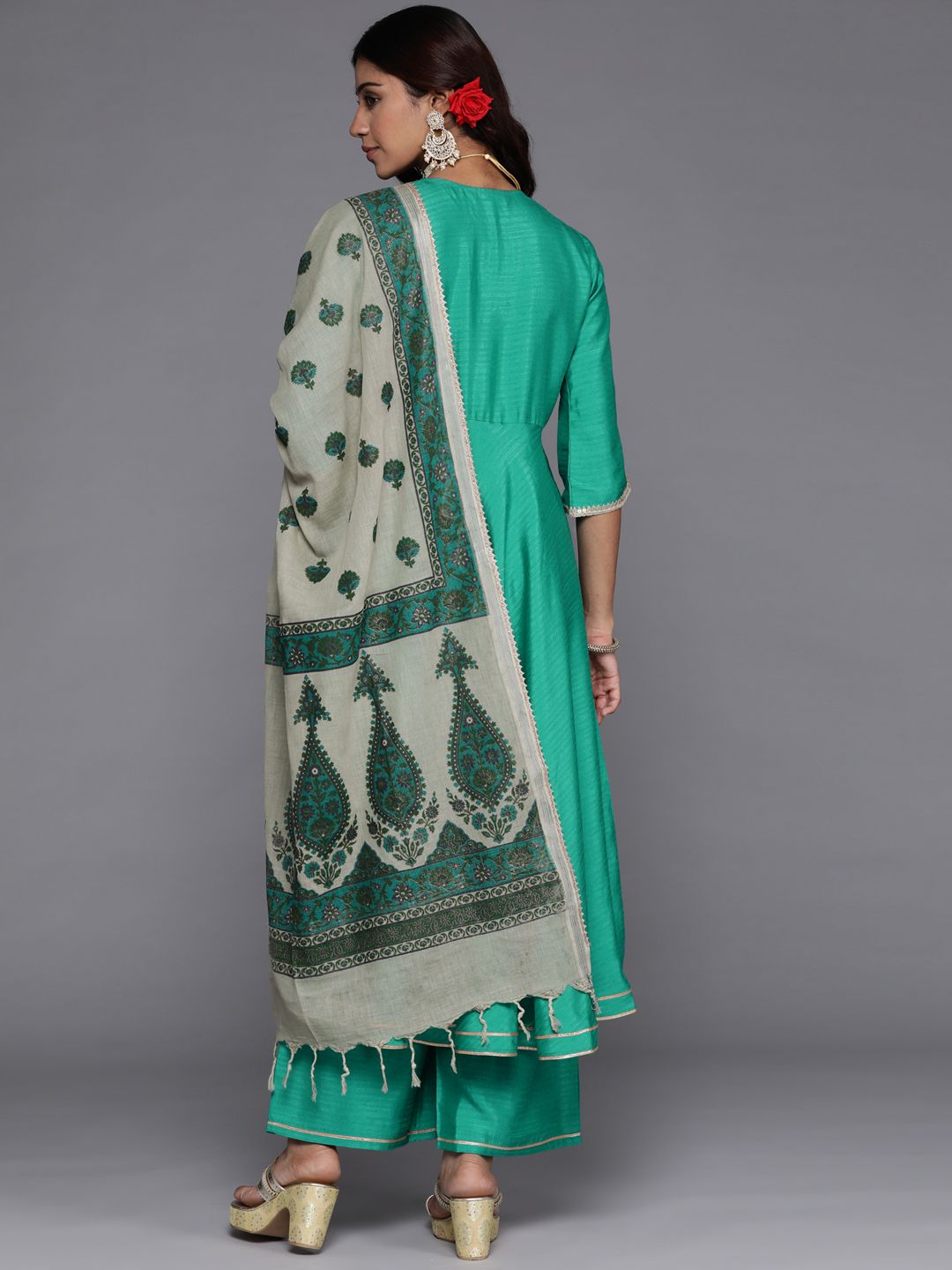 Libas Women Green Gotta Patti Kurta with Palazzos & With Dupatta