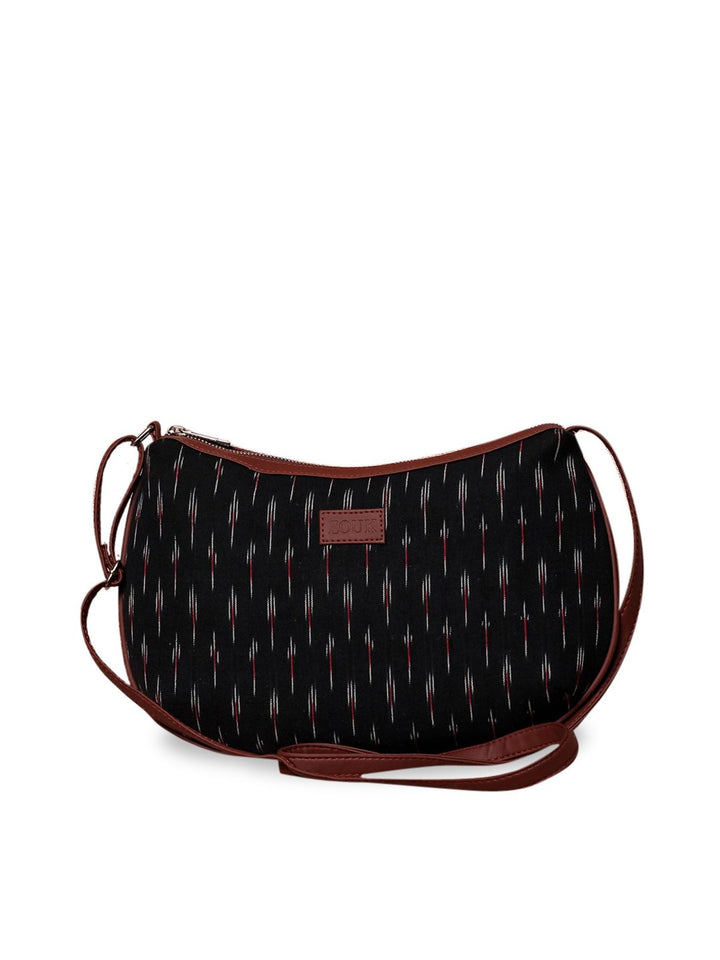 ZOUK Black & Grey Ikat Printed Half Moon Sling Bag