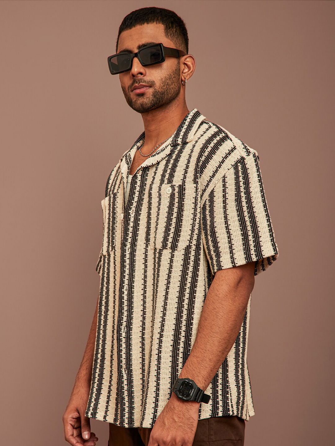 Powerlook Black and Off White Striped Semi Sheer Cotton Oversized Shirt