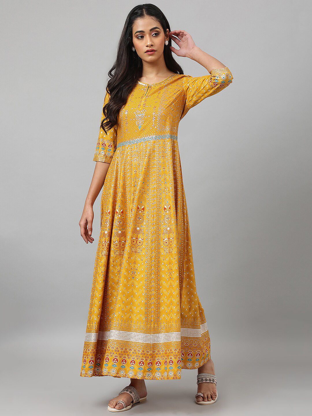 W Yellow Ethnic Motifs Keyhole Neck Ethnic Maxi Dress