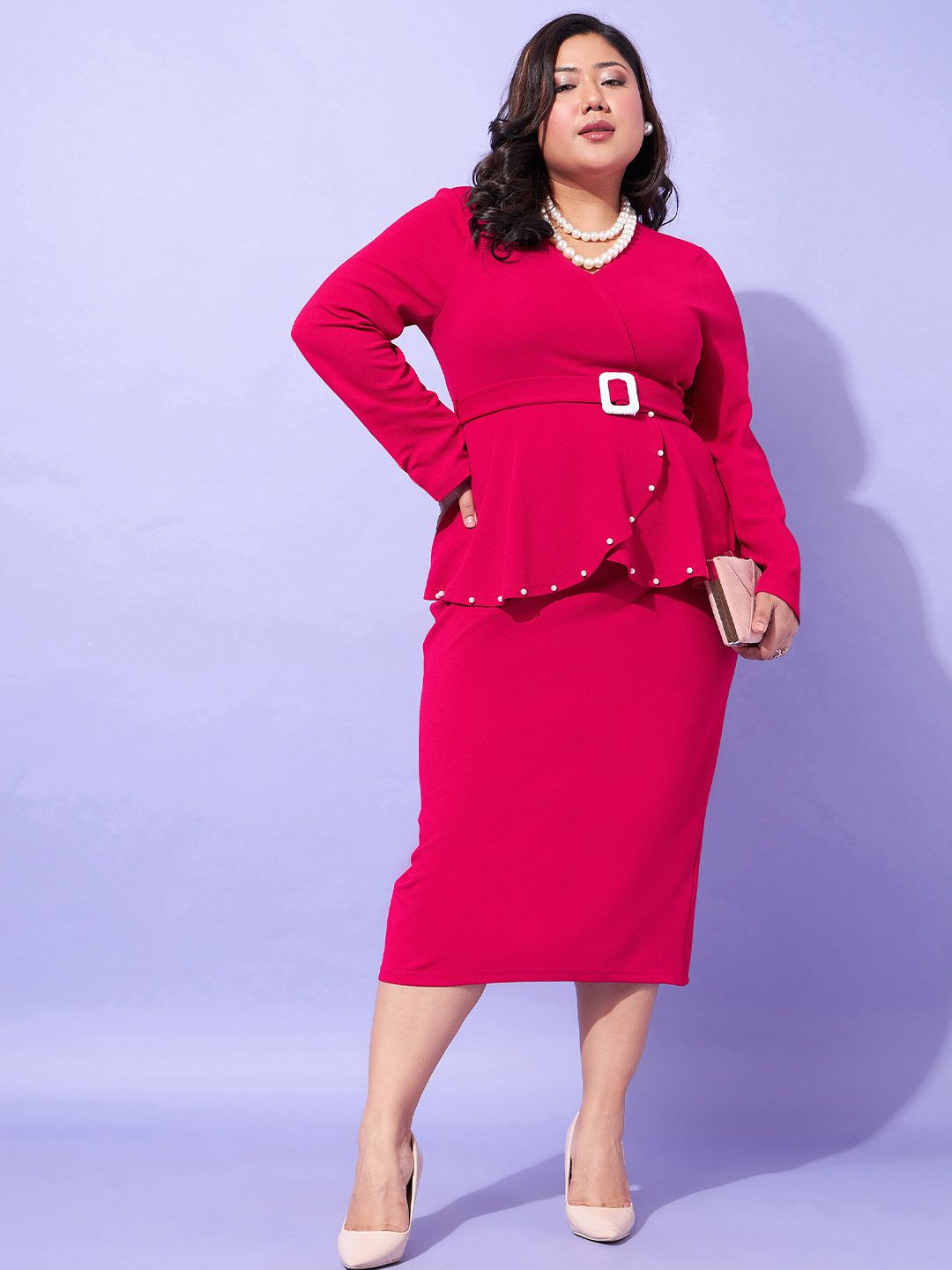 SASSAFRAS Curve Plus Size V-Neck Peplum Dress