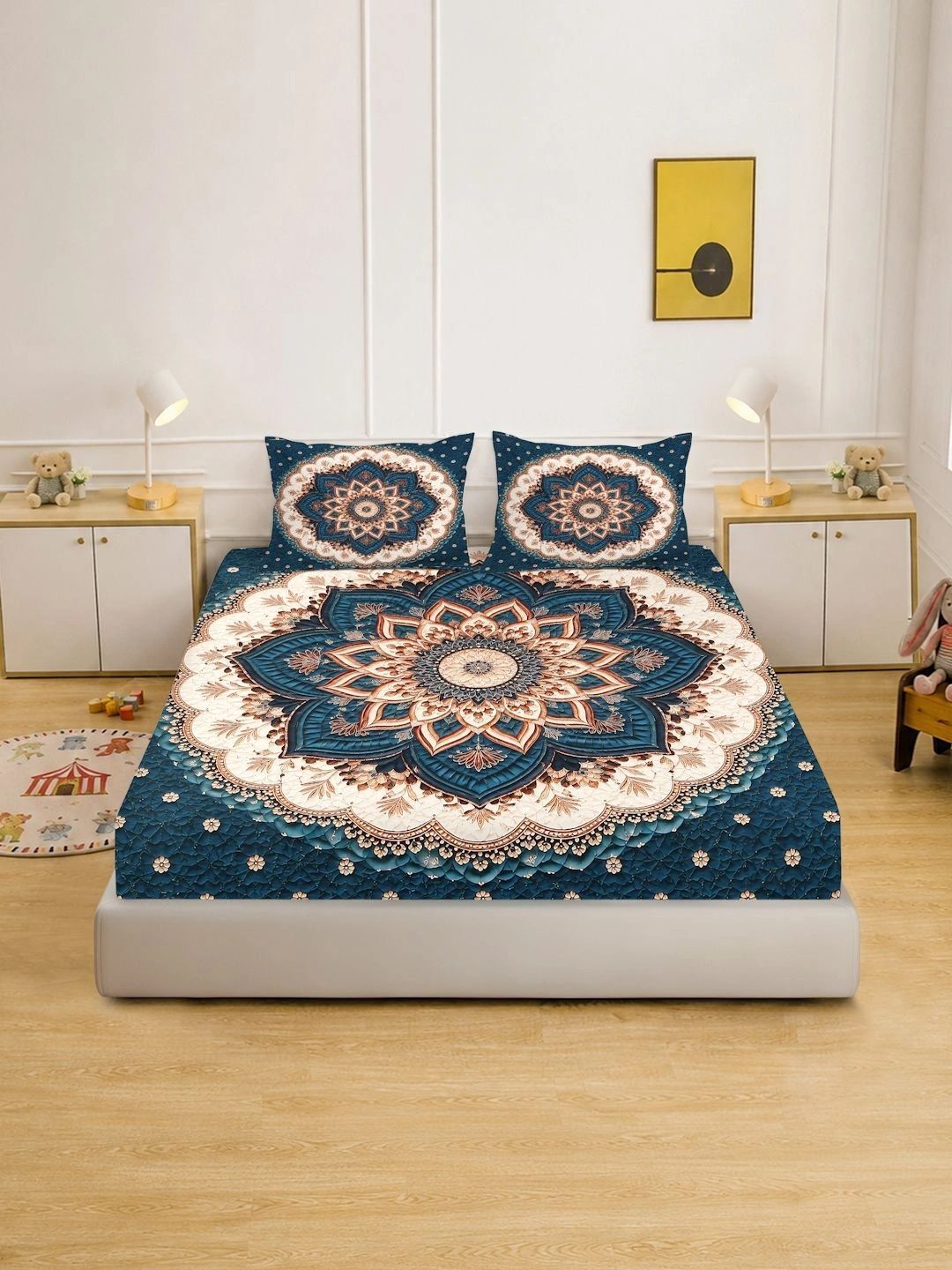 KLOTTHE Blue & Brown Floral 400 TC King Bedsheet with 2 Pillow Covers