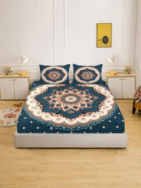 KLOTTHE Blue & Brown Floral 400 TC King Bedsheet with 2 Pillow Covers