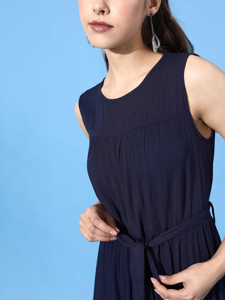 DressBerry Women Navy Blue Solid Tiered A-Line Dress