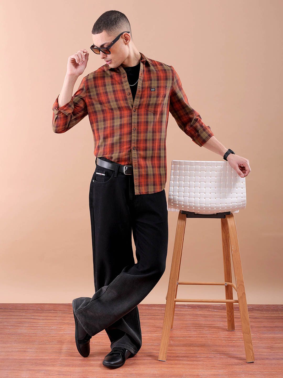 The Indian Garage Co Tartan Checked Pure Cotton Casual T-Shirt