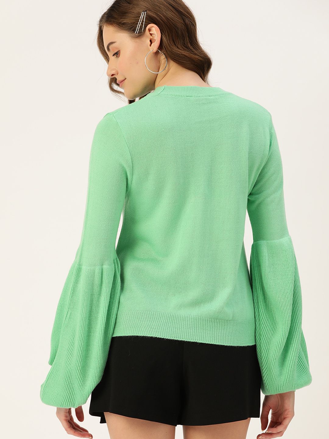 DressBerry Women Green Solid Puff Sleeve Pullover