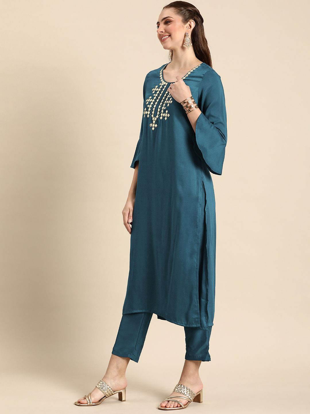 Anouk Woven Yoke Design Regular Beads and Stones Kurta with Trousers