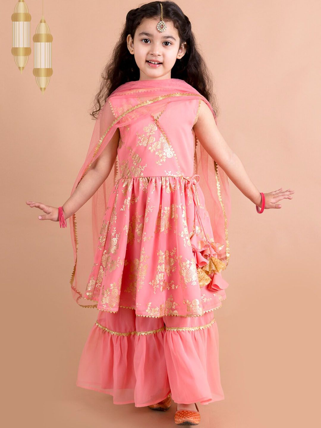pspeaches Girls Floral Printed Angrakha Gotta Patti Kurta with Sharara & Dupatta