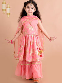 pspeaches Girls Floral Printed Angrakha Gotta Patti Kurta with Sharara & Dupatta