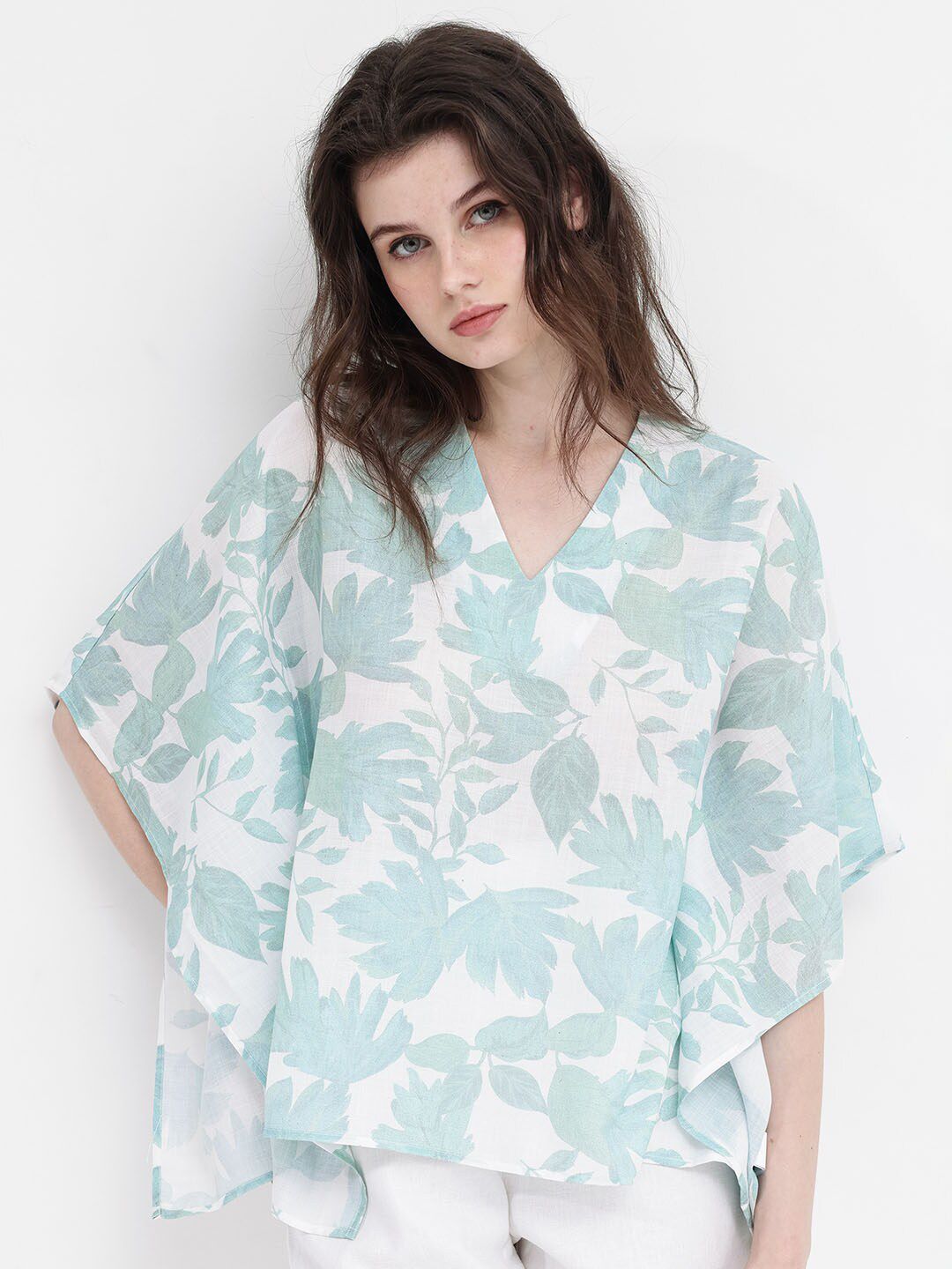 RAREISM Floral Print Flared Sleeve Linen Kaftan Top