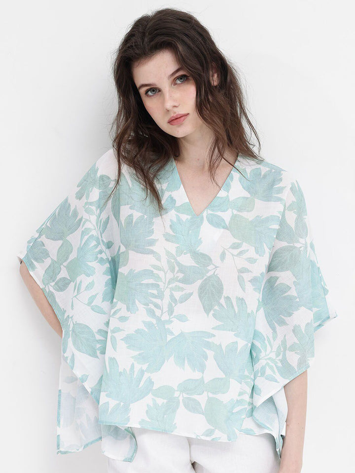 RAREISM Floral Print Flared Sleeve Linen Kaftan Top