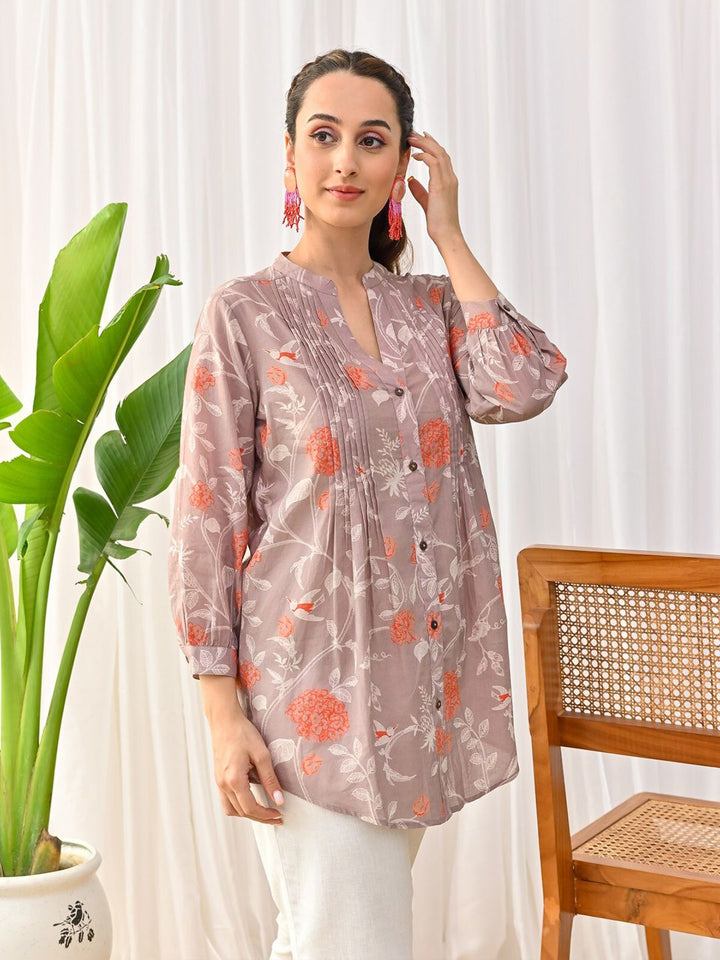 Rustorange Floral Printed Cotton Mandarin Collar Tunic