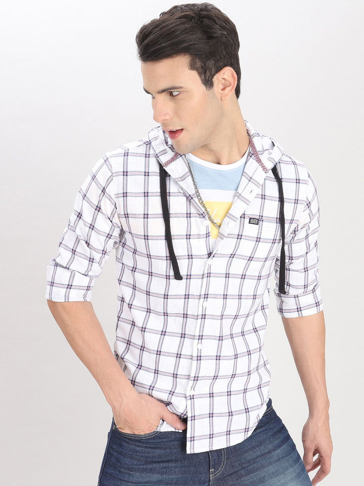 The Indian Garage Co Men White Checked Hooded Casual Shirt