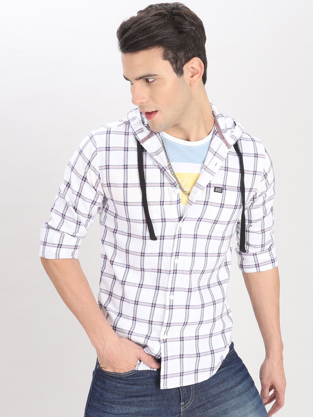 The Indian Garage Co Men White Checked Hooded Casual Shirt