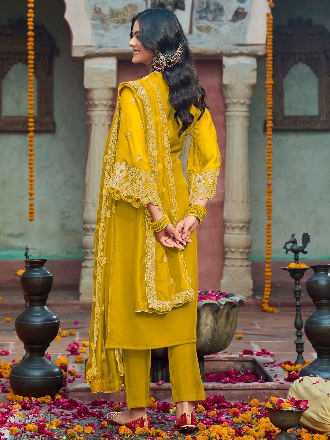 Indo Era Floral Embroidered V-Neck Zari Organza Kurta With Trousers And Dupatta