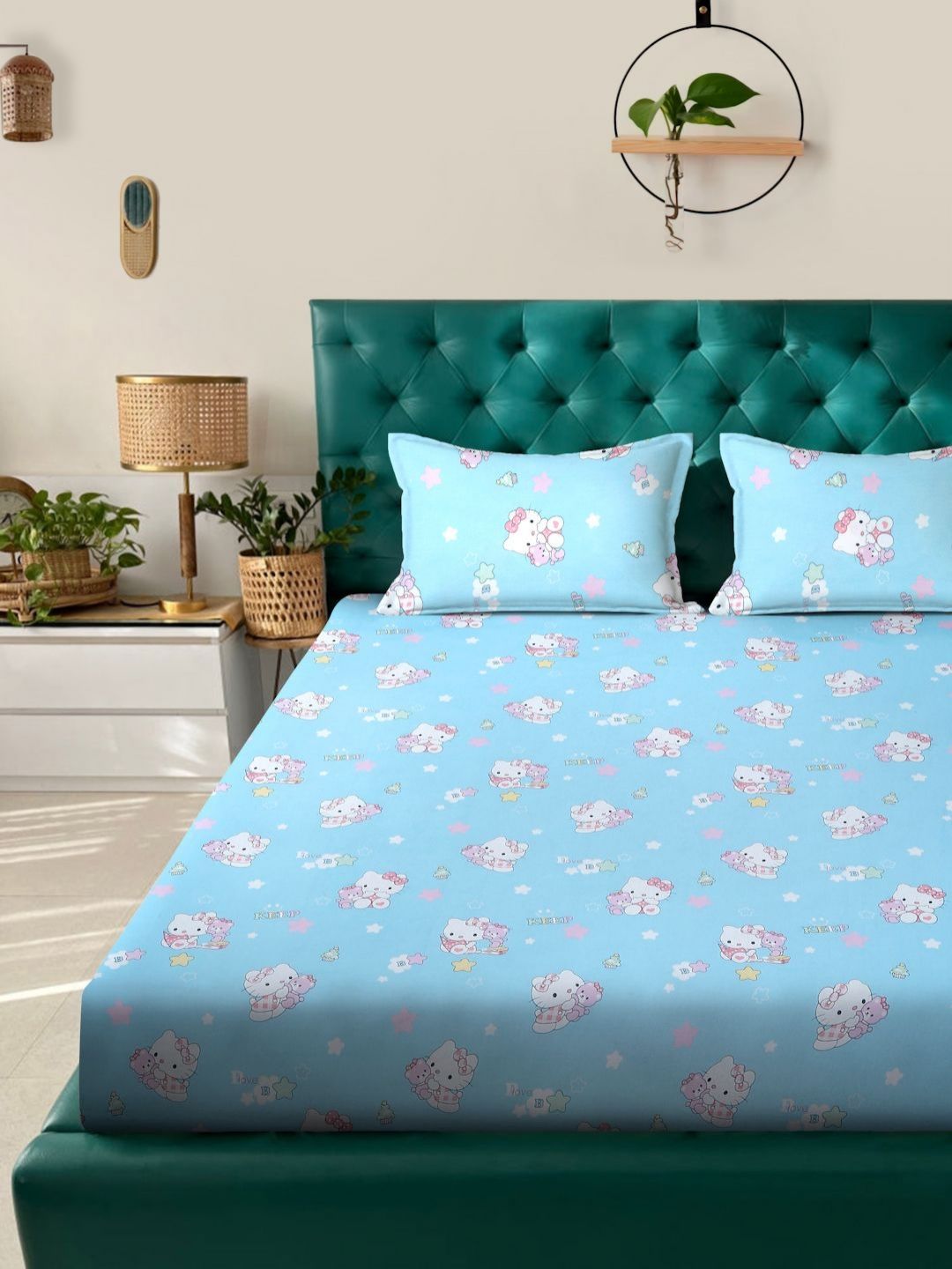 Myntra Elegant Homes Biru Watak Kartun Kapas Tulen 400 TC Dilengkapi Cadar King Superfine dengan 2 Sarung Bantal-89 x 98 inci
