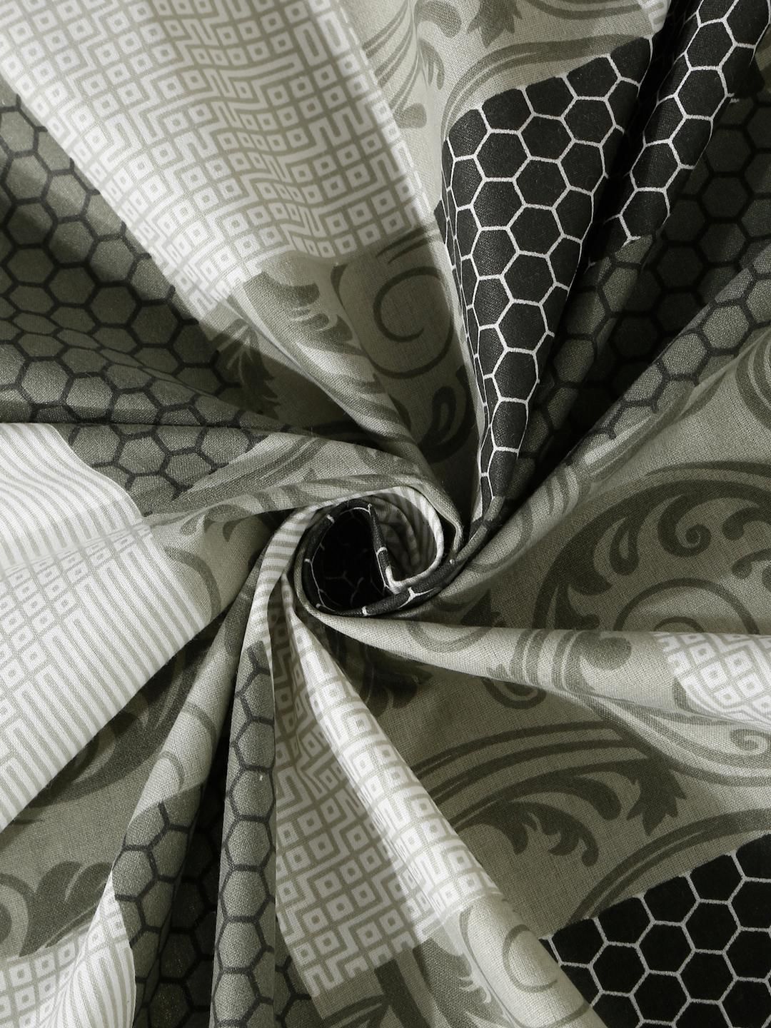 KLOTTHE Olive Green & White Geometric 400 TC Single Cotton Bedsheet with 1 Pillow Covers