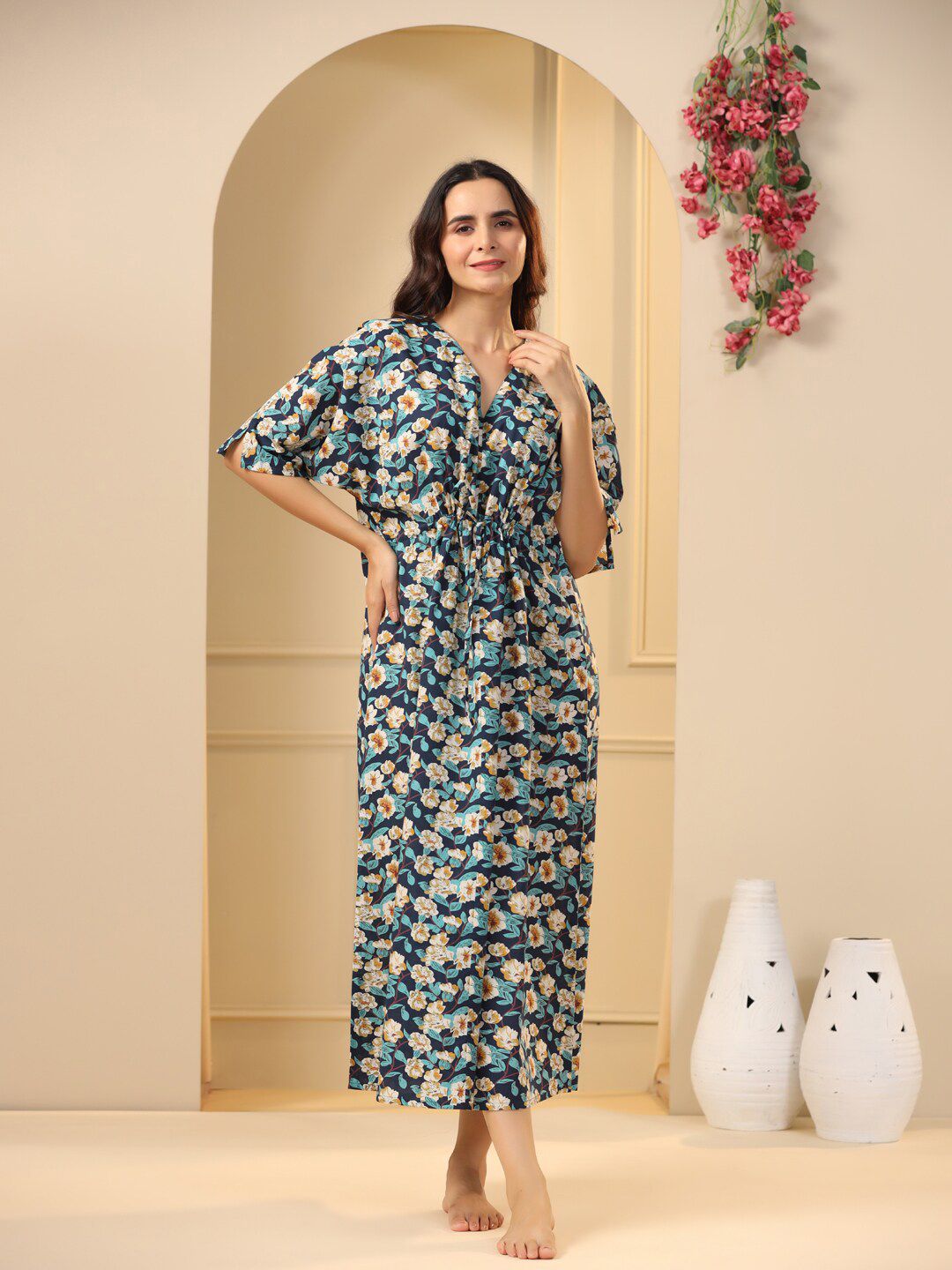 SANSKRUTIHOMES Navy Blue Floral Printed Pure Cotton Maxi Nightdress