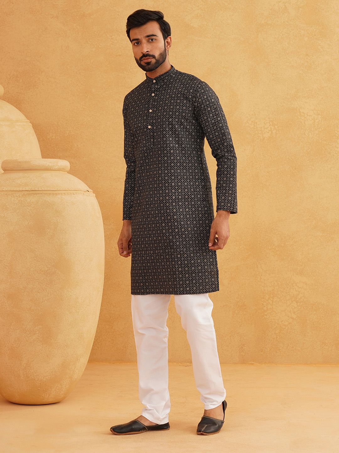 SOJANYA Kolar Jalur Motif Etnik Kurta Linen Kapas Bercetak dengan Piyama