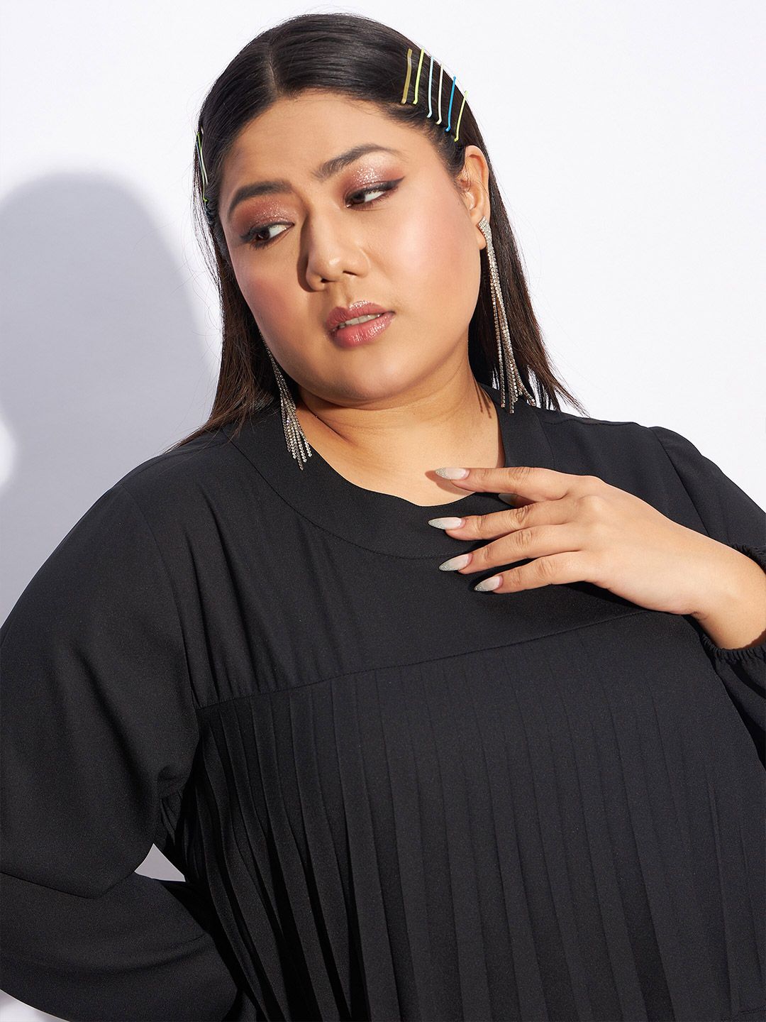 SASSAFRAS Curve Plus Size Accordion Pleats & Tiered Cuffed Sleeves A-Line Dress