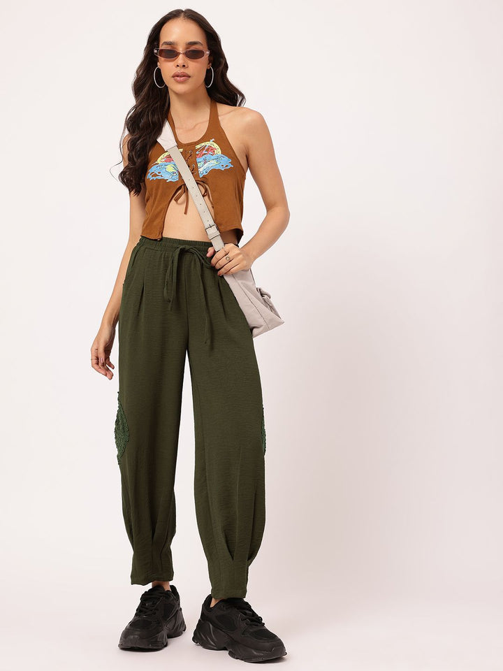 DressBerry Women Hippie Chic Crochet Patchwork Crinkled Cropped Trousers