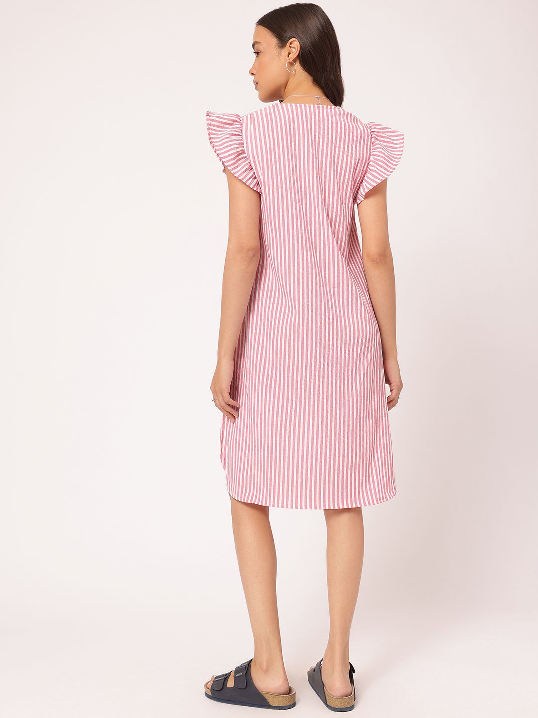 DressBerry Rich Textures Ruffled Trim High Low Striped Shirt Dress