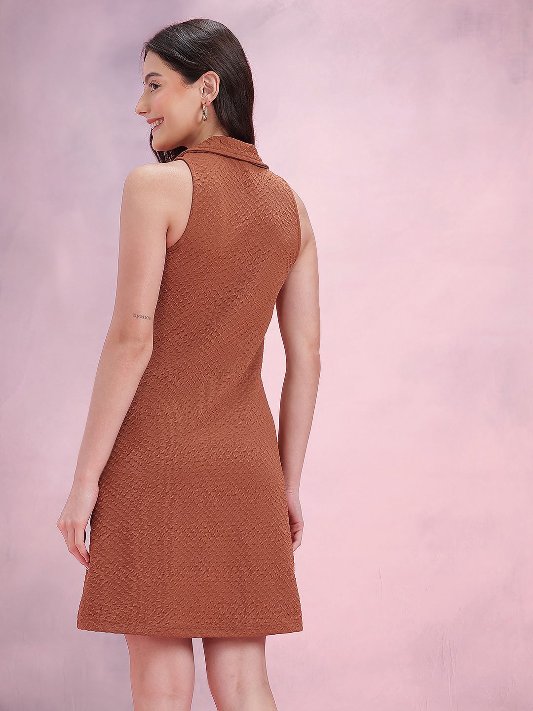DressBerry Textured Shirt Collar A-Line Above Knee Length Dress