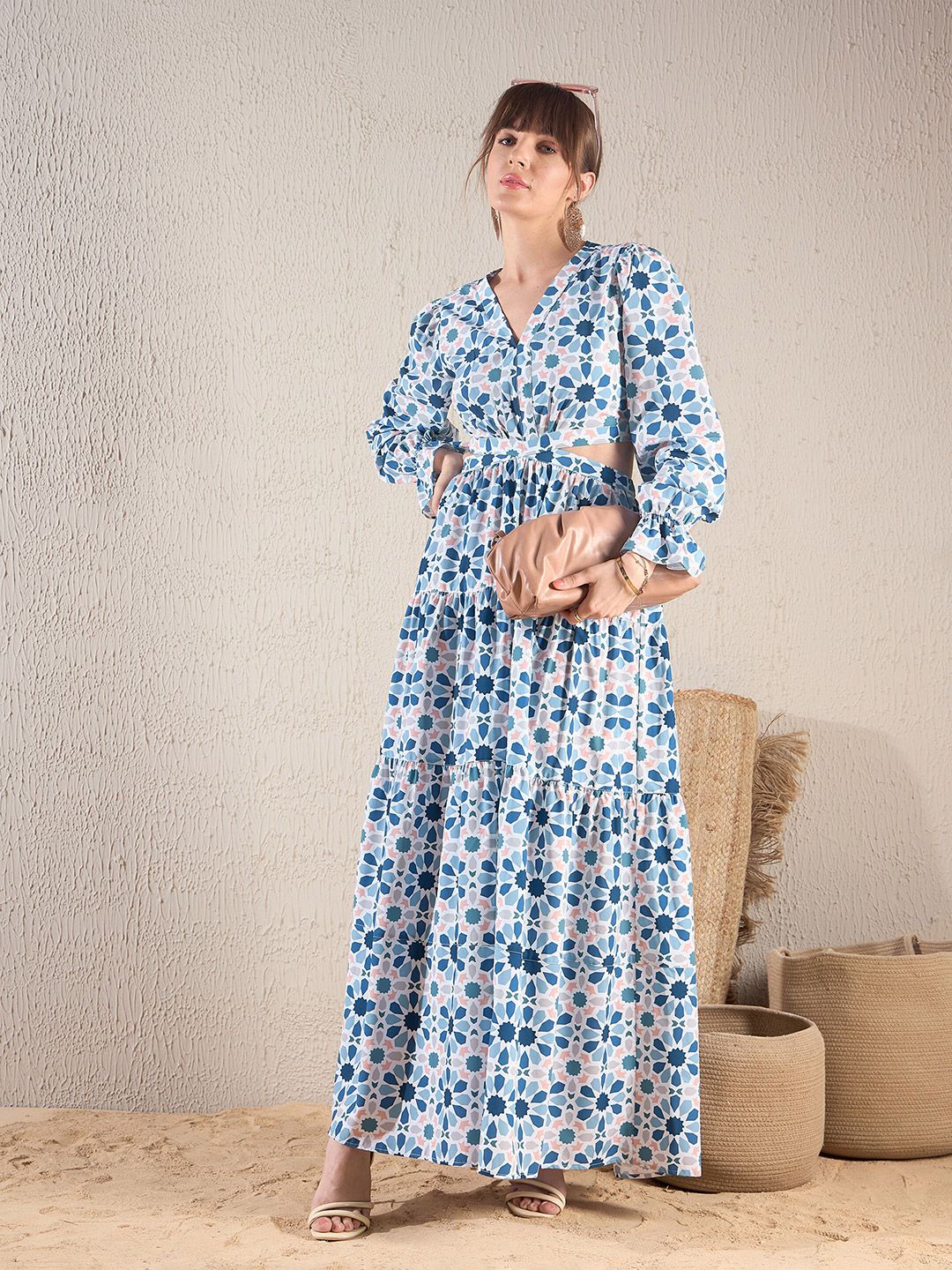 SASSAFRAS Teal Blue Floral Printed V Neck Cut Out Tiered Maxi Dress
