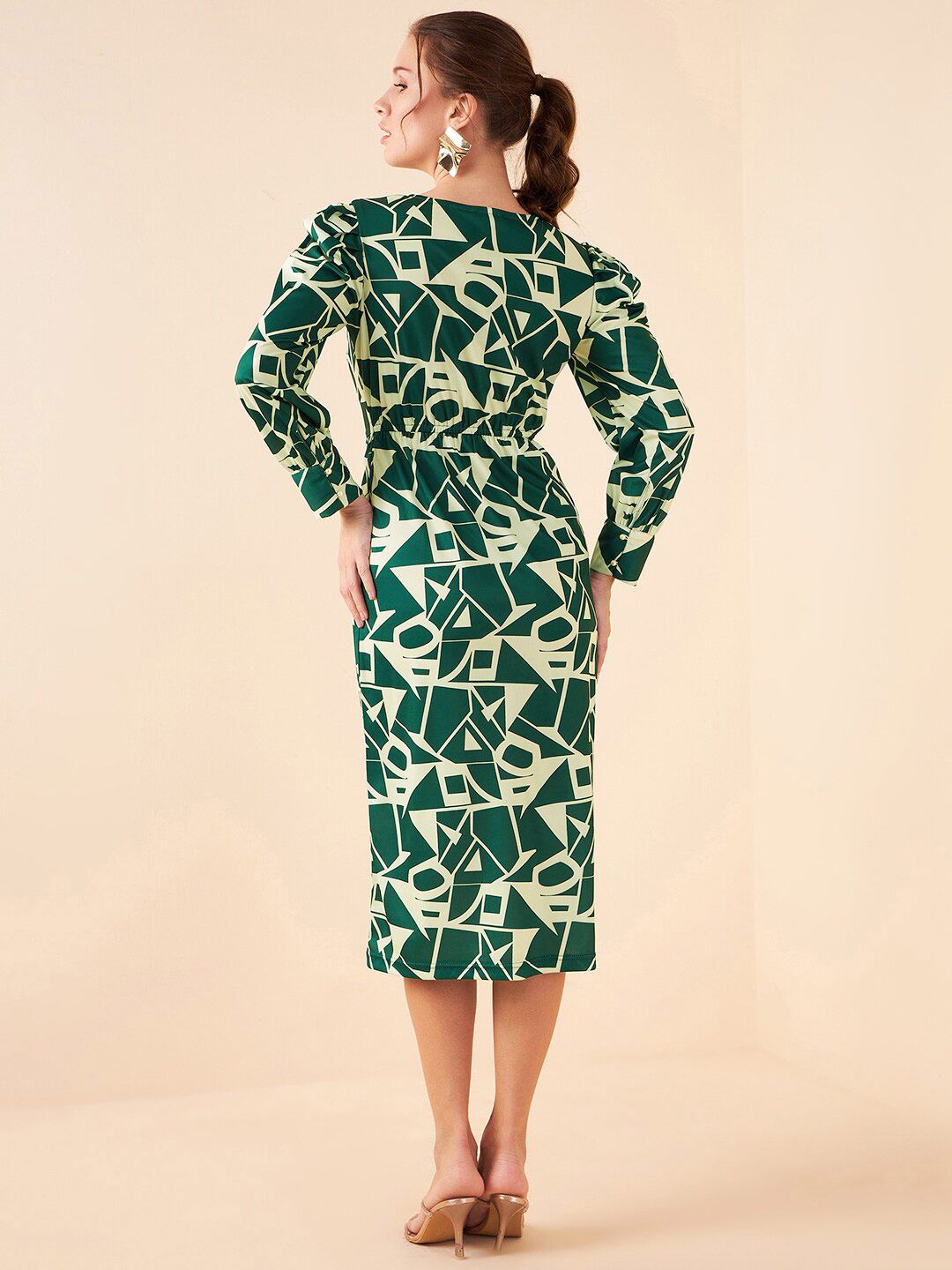 Antheaa Green Geometric Printed V-Neck Sheath Midi Dress