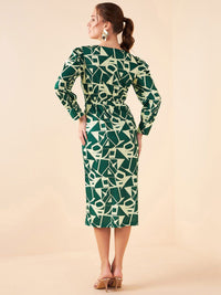 Antheaa Green Geometric Printed V-Neck Sheath Midi Dress