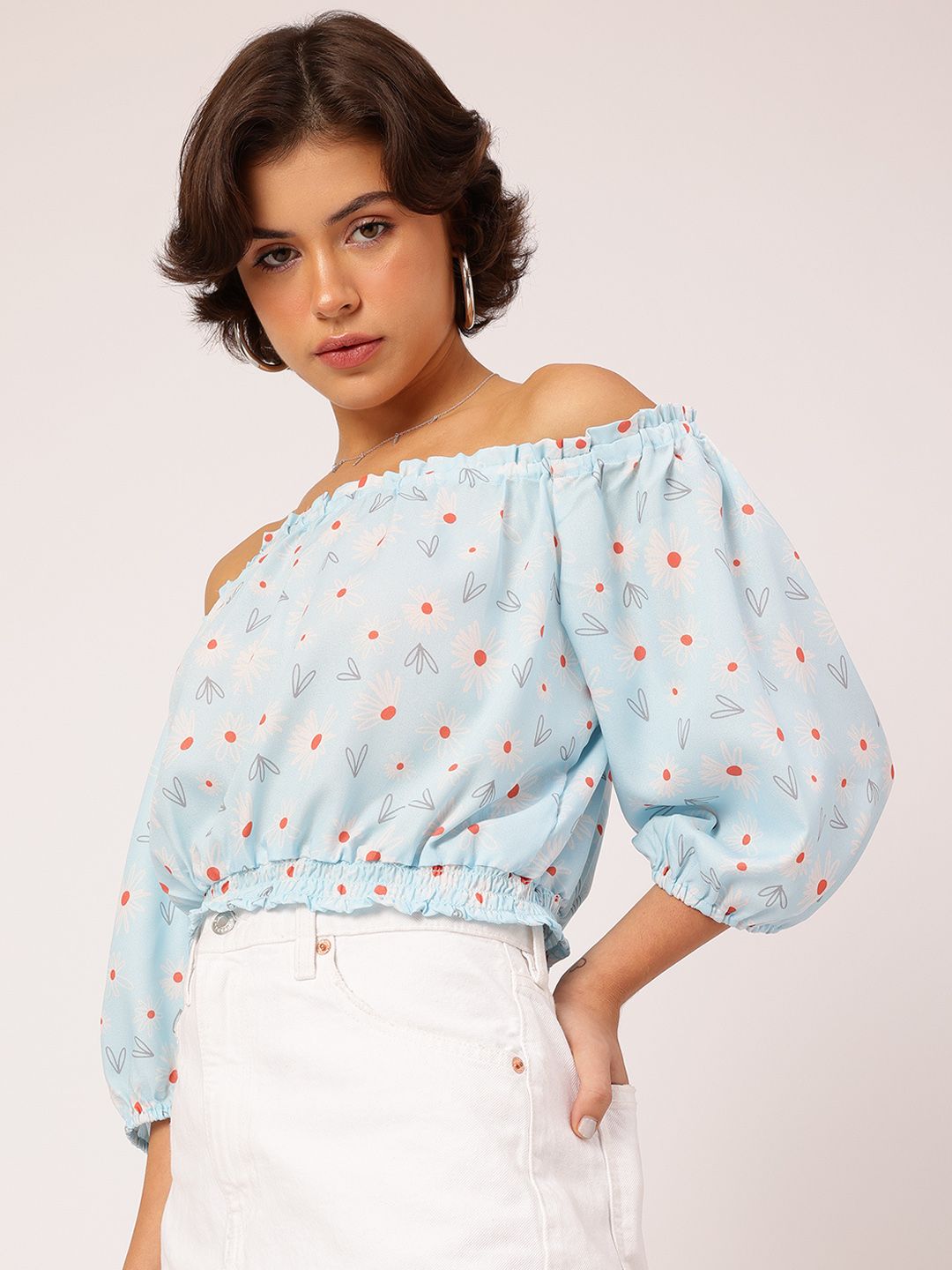DressBerry Daisy Dreams Printed Off-Shoulder Blouson Crop Top