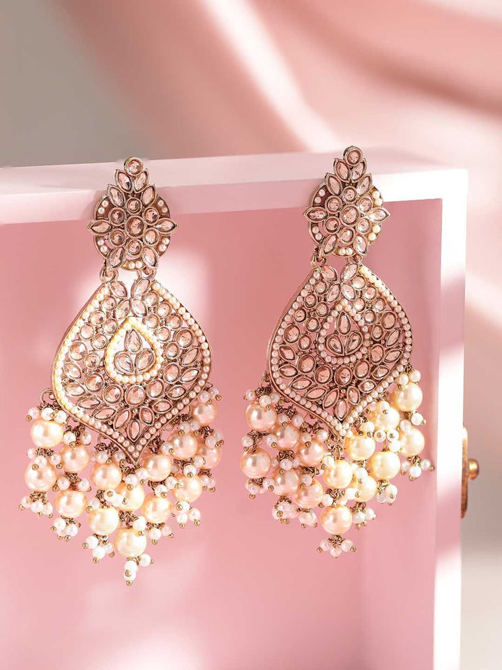 Rubans 18K Gold-Plated Kundan & Glosssy Off-White Pearl Beaded Chandelier Earrings