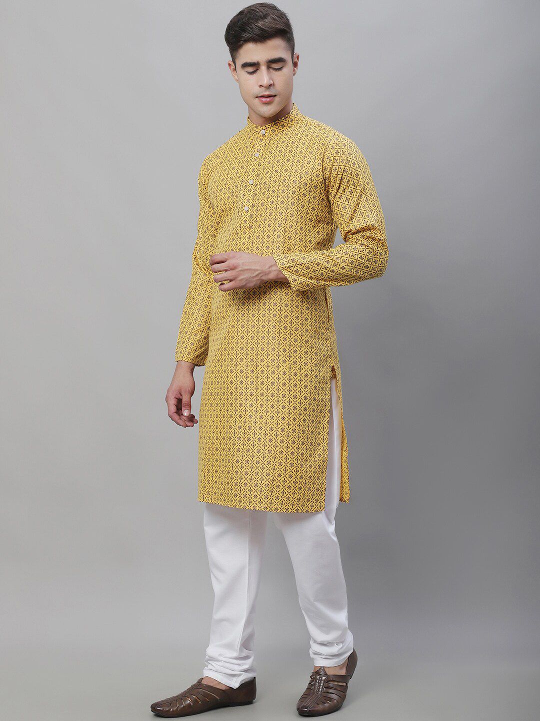 SOJANYA Motif Etnik Kerajang Bercetak Cotton Linen Kurta Dengan Churidar