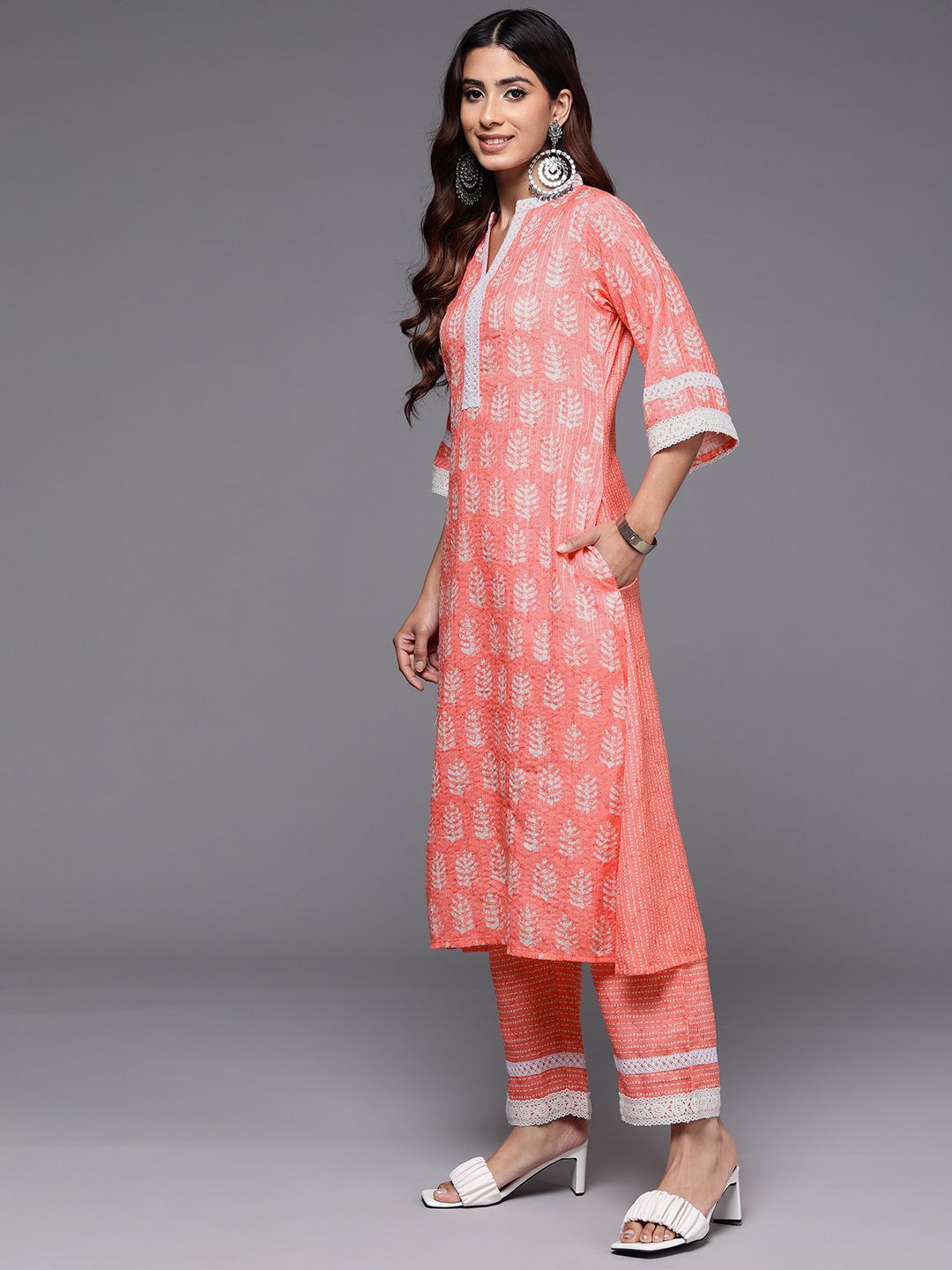 Libas Floral Printed Regular Sequinned Kurta with Trousers