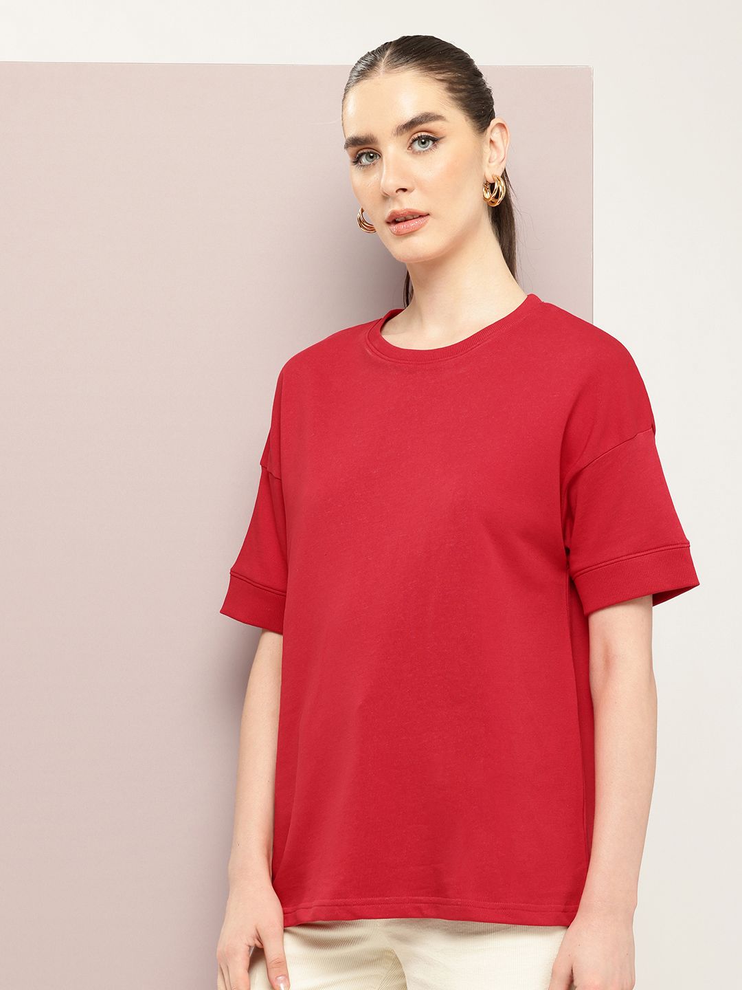 DILLINGER Women Oversized Drop Shoulder Ultra Soft Drapey Cotton Crew Neck T-Shirt