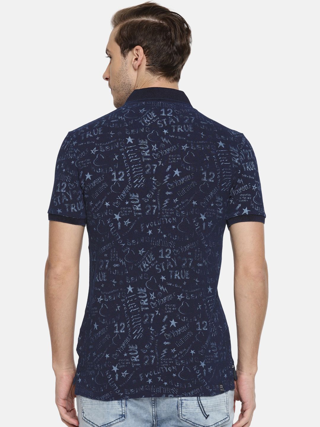 Being Human Men Blue Printed Polo Collar Pure Cotton T-shirt