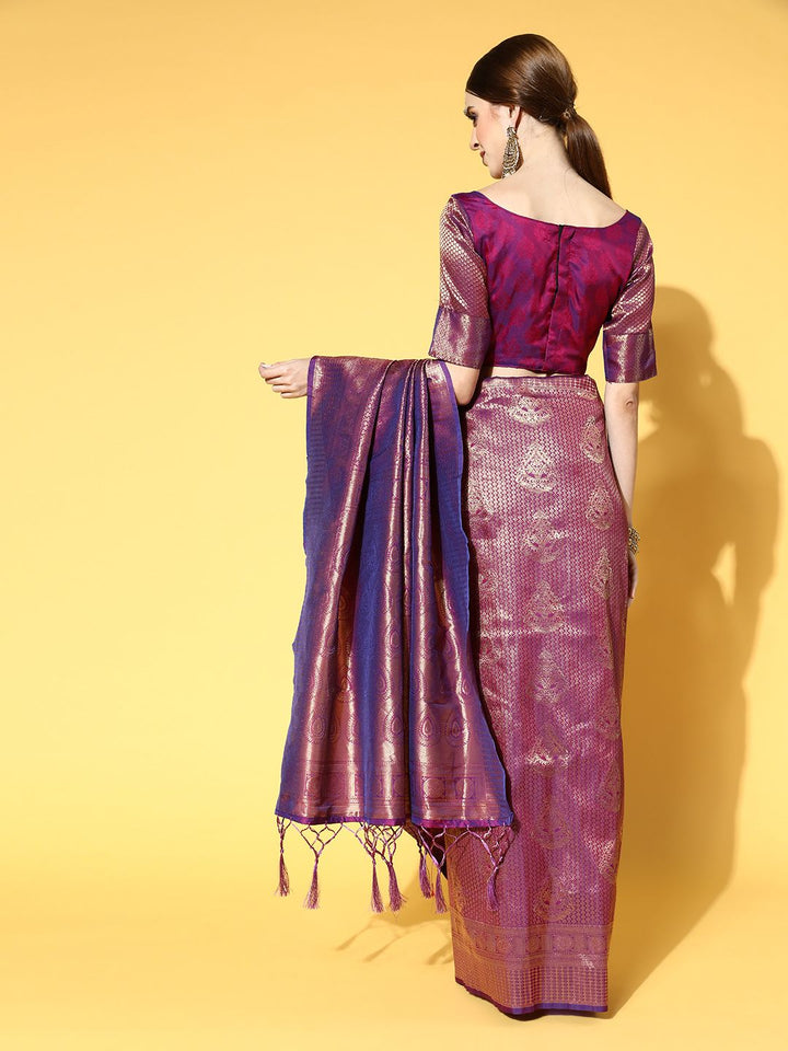 Saree mall Purple Floral Zari Silk Blend Banarasi Sarees