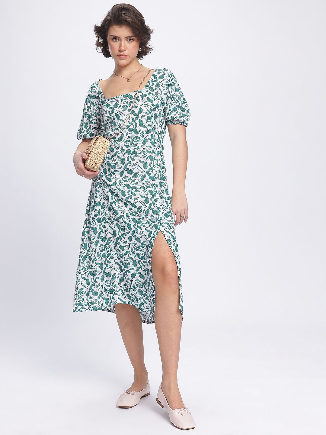 DressBerry Floral Fantasy Cut Out Detail Ruched Front Slit Midi Dress