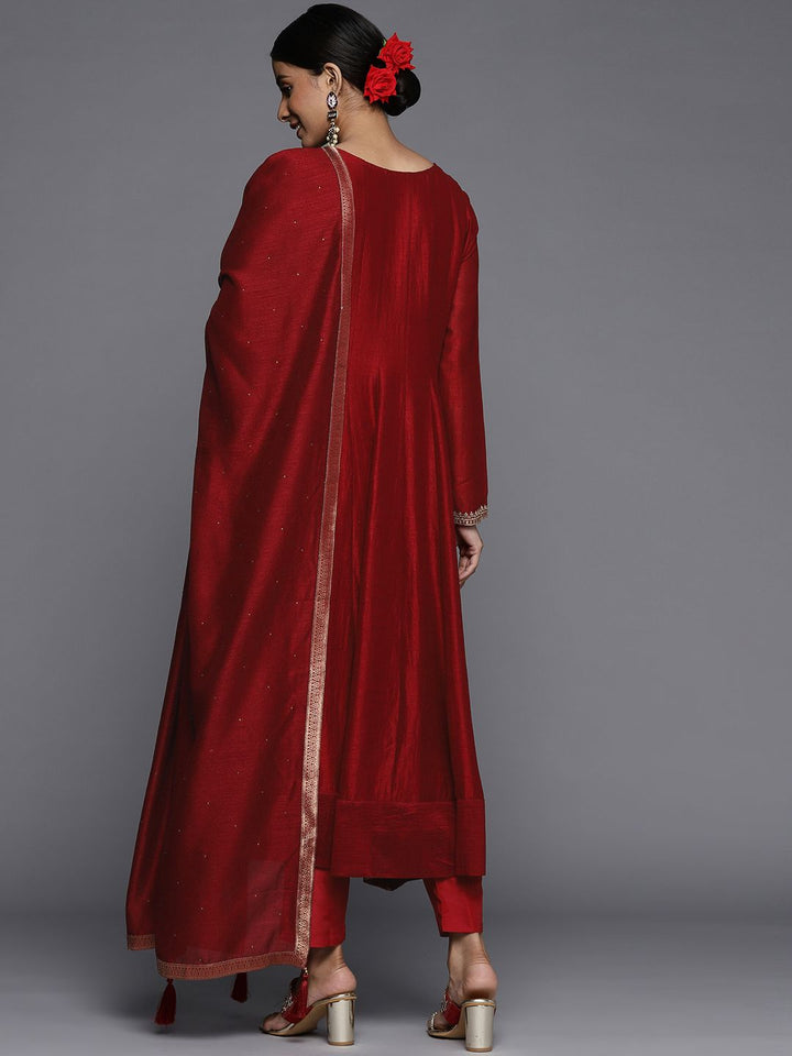 Libas Women Maroon Floral Embroidered Sequinned Kurta with Trousers & Dupatta